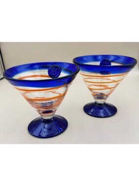 Pair of Royal Caribbean Cocktail Dessert Glasses Orange Cobalt Swirl